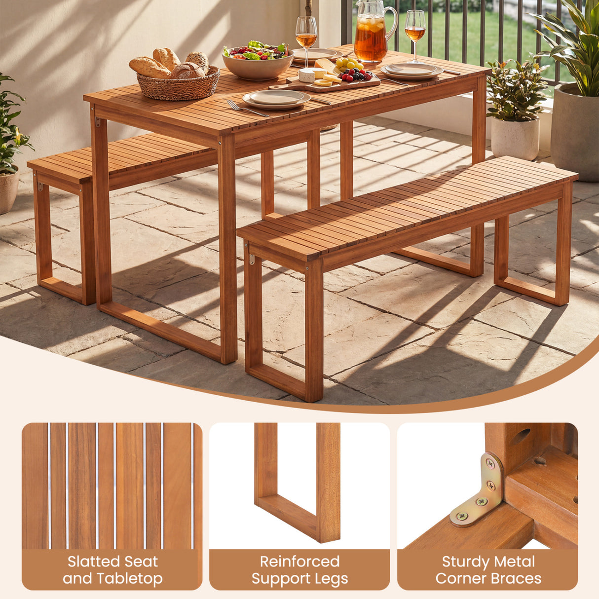 Acacia Wood Outdoor Garden Bench Set of 1/2 with Slatted Seat for Front Porch-Set of 1