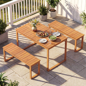 Acacia Wood Outdoor Garden Bench Set of 1/2 with Slatted Seat for Front Porch-Set of 2