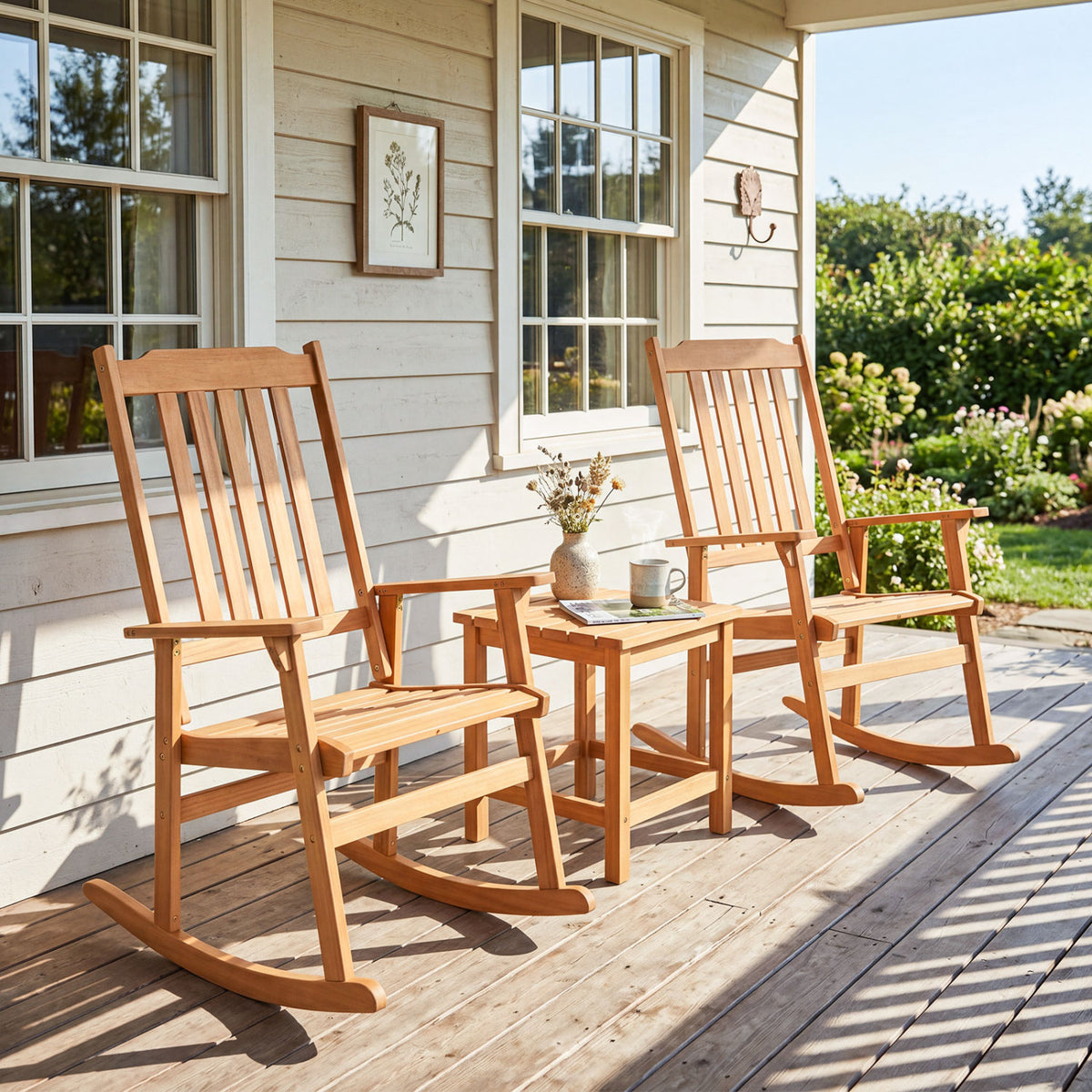 Acacia Wood Oversized Rocking Chair with High Back and Armrests for Outdoor-Natural