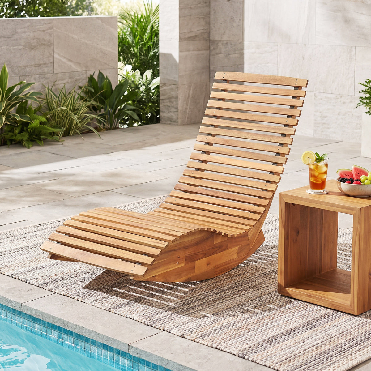 Acacia Wood Rocking Patio Lounge Chair Wooden Rocking Recliner for Garden Lawn-Set of 1