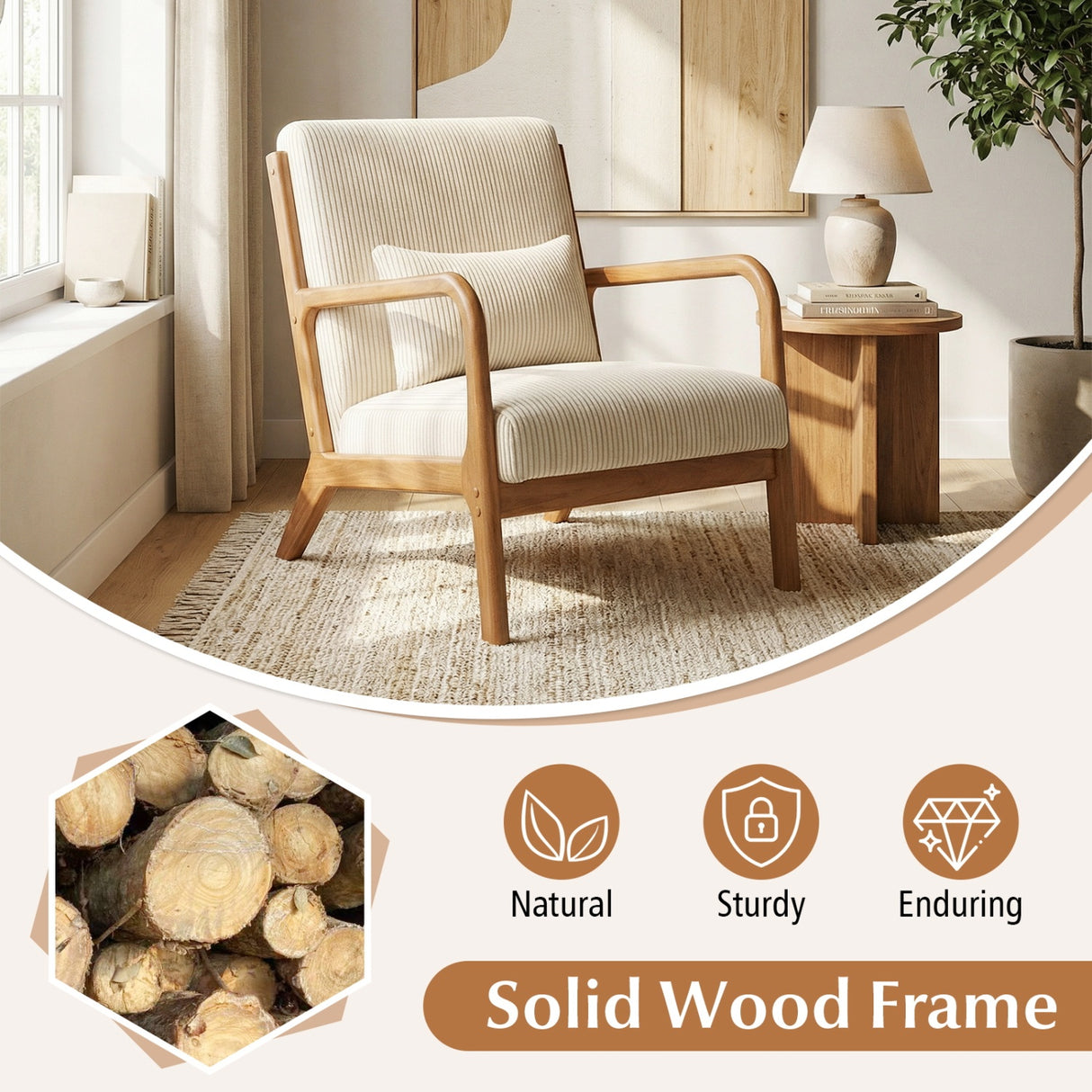 Accent Chair Corduroy Upholstered Lounge Chair with Lumbar Pillow-Beige