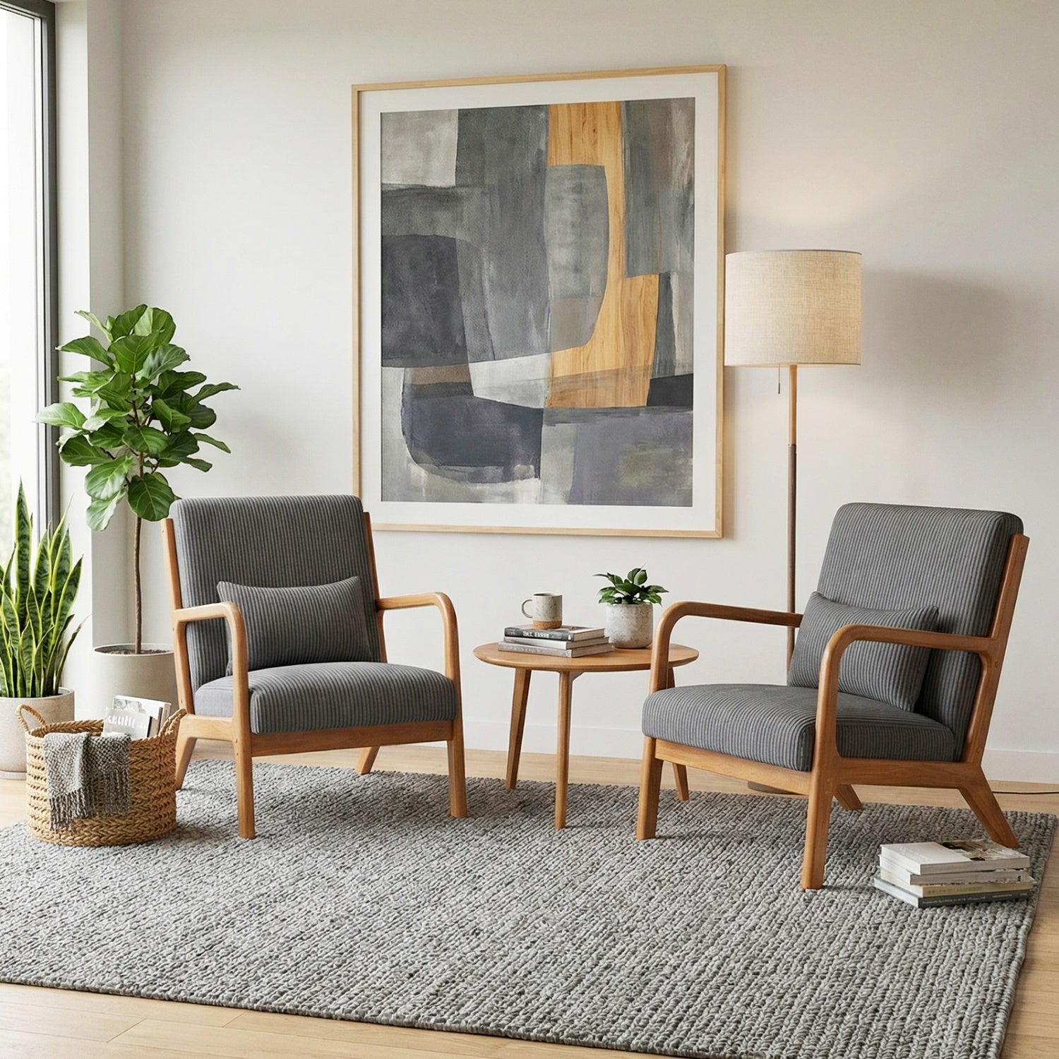 Accent Chair Corduroy Upholstered Lounge Chair with Lumbar Pillow-Gray