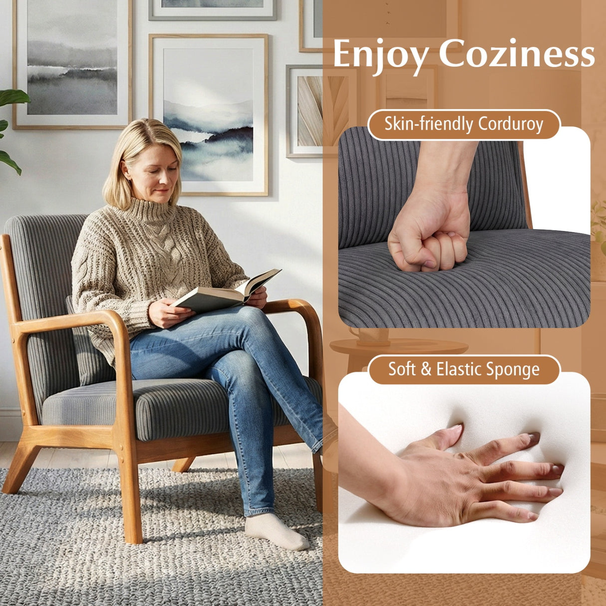 Accent Chair Corduroy Upholstered Lounge Chair with Lumbar Pillow-Gray