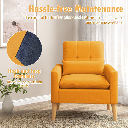 Accent Chair with Lumbar Pillow  Natural Rubber Wood Legs  Padded Cushions-Yellow