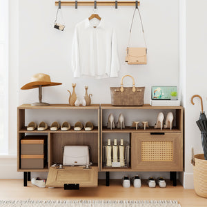 Accent Side End Table with Storage Shelf and Cabinet for Small Space-Natural