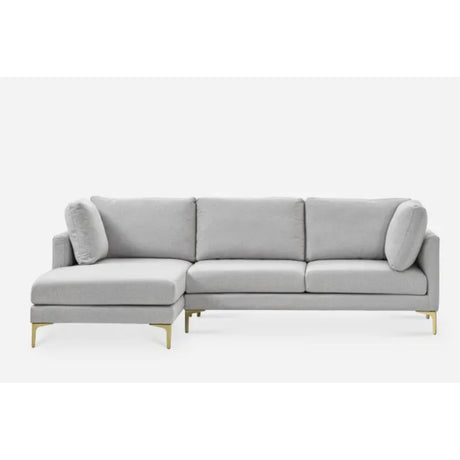 A light gray L-shaped sectional sofa with three back cushions and two side cushions. The sofa features sleek, modern design with gold metal legs, creating an elegant and contemporary look. The orientation is left-facing.