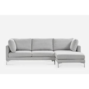 A modern gray sectional sofa with an L-shaped design. It features three seat cushions, two back cushions, and additional side cushions. The sofa has sleek metal legs and a minimalist style, set against a plain white background.