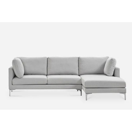 A modern gray sectional sofa with an L-shaped design. It features three seat cushions, two back cushions, and additional side cushions. The sofa has sleek metal legs and a minimalist style, set against a plain white background.