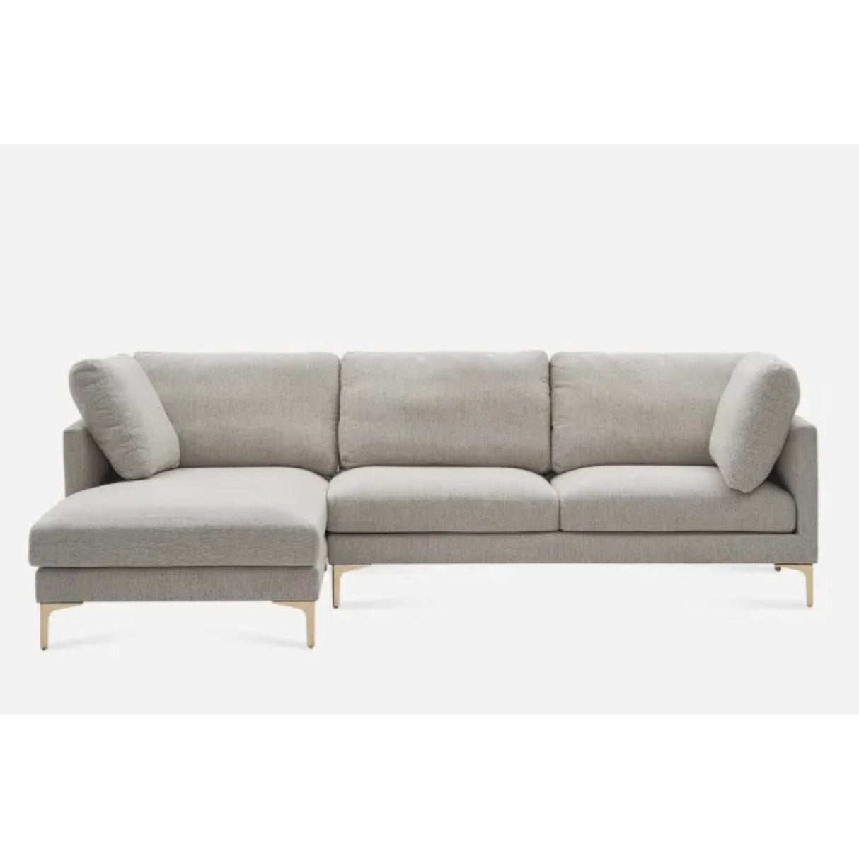 A modern gray sectional sofa with a chaise on the left side. The sofa has three back cushions and wooden legs, set against a plain white background.