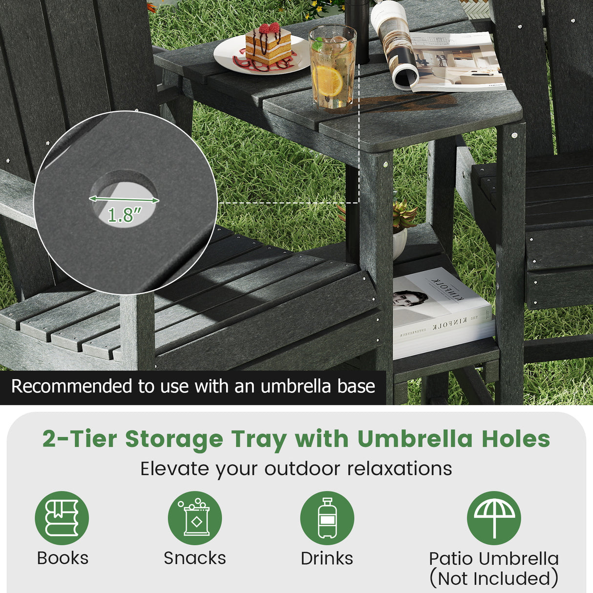 2-Seat Adirondack Chair All-Weather Adirondack Chair with Double Connecting Tray-Gray