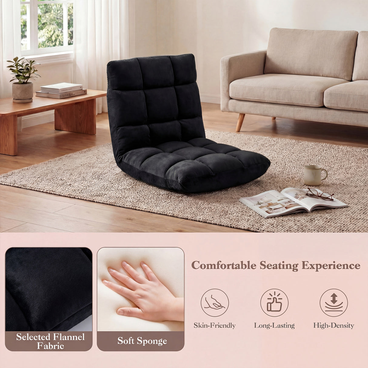 Adjustable 14-Position Floor Chair Folding Lazy Gaming Sofa Chair-Black