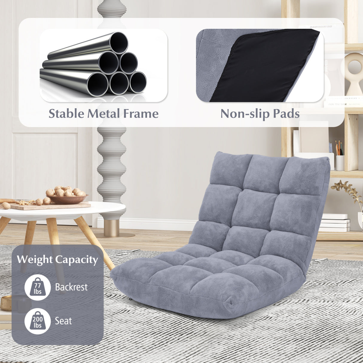 Adjustable 14-position Cushioned Floor Chair-Gray