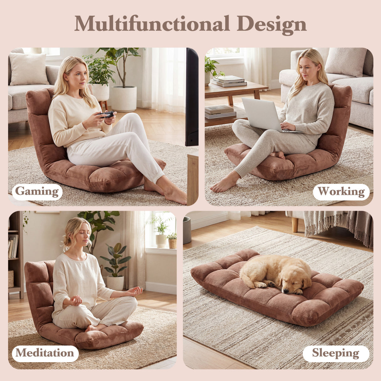 Adjustable 14-position Cushioned Floor Chair-Beige