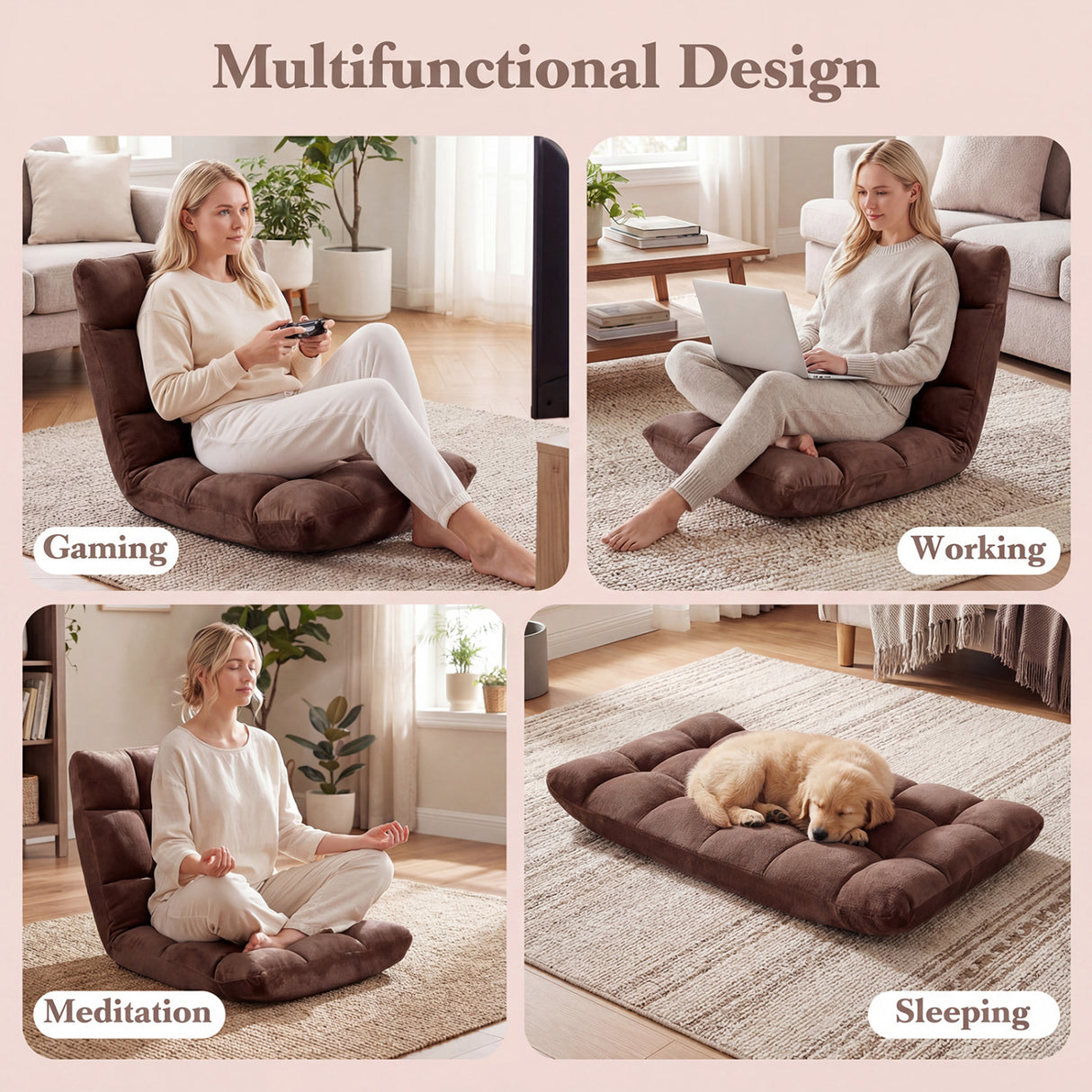 Adjustable 14-position Cushioned Floor Chair-Coffee