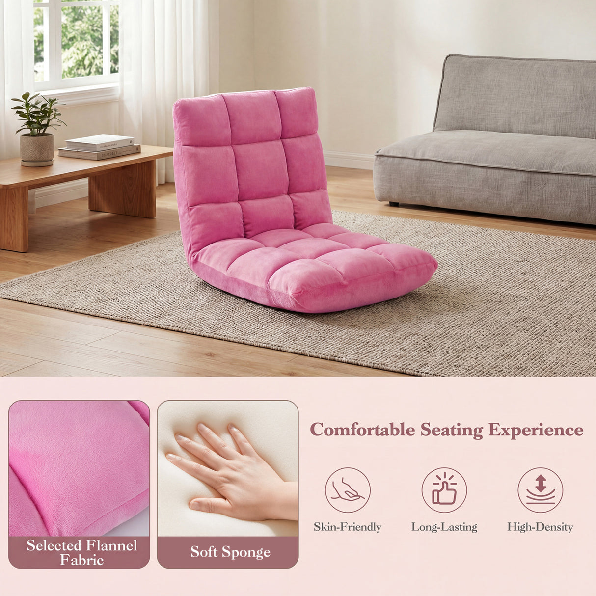 Adjustable 14-position Cushioned Floor Chair-Pink