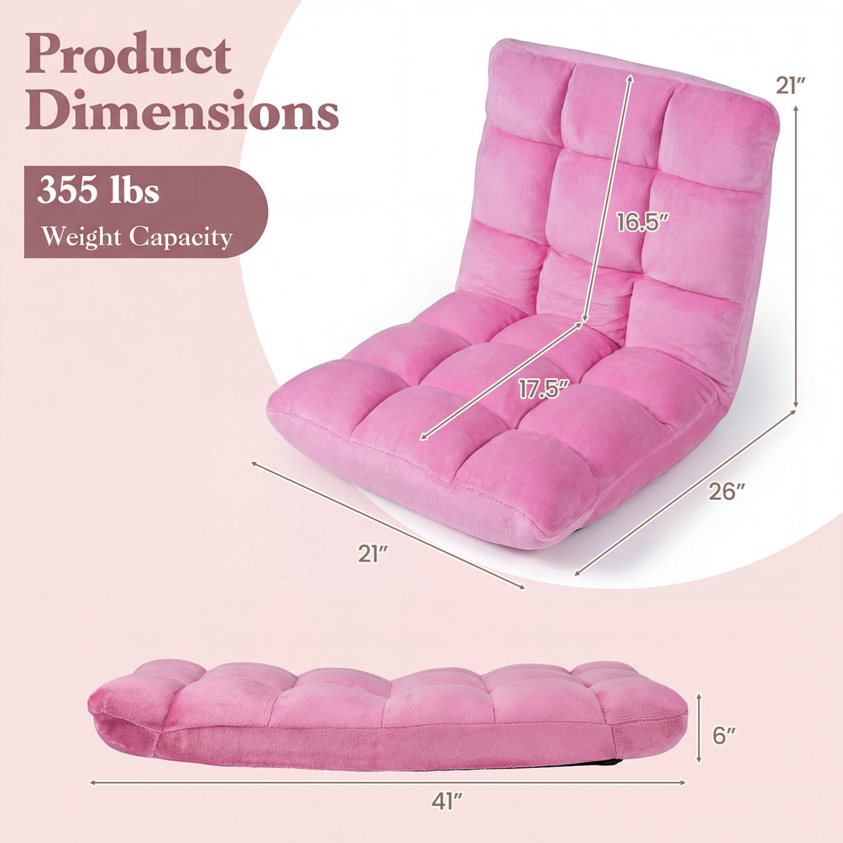 Adjustable 14-position Cushioned Floor Chair-Pink
