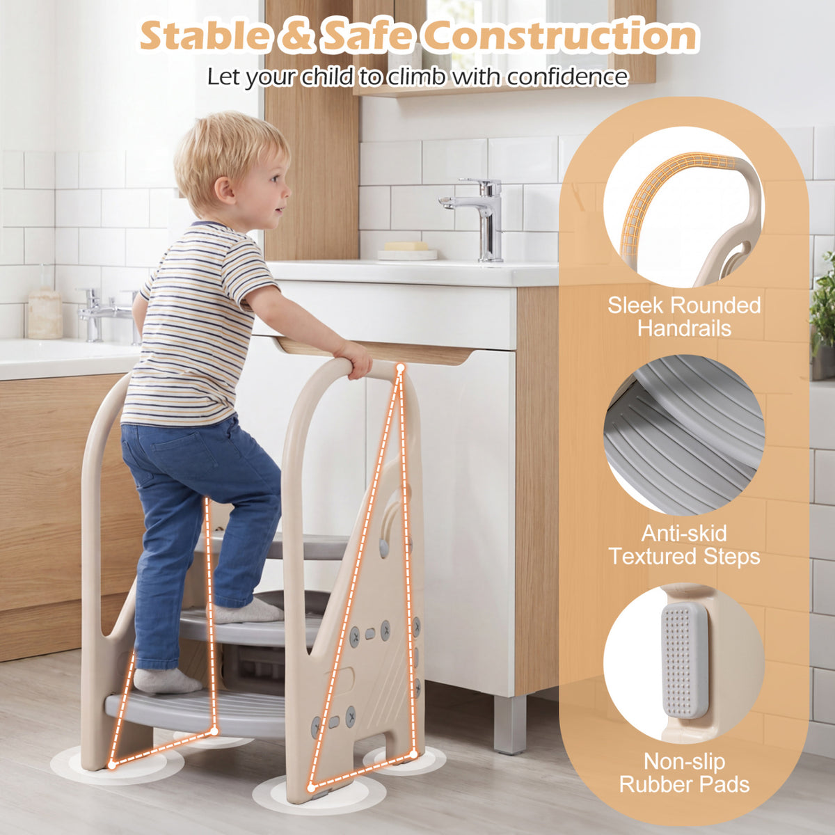 Adjustable 3-Step Helper Stool with Safety Handles and for kids-Gray