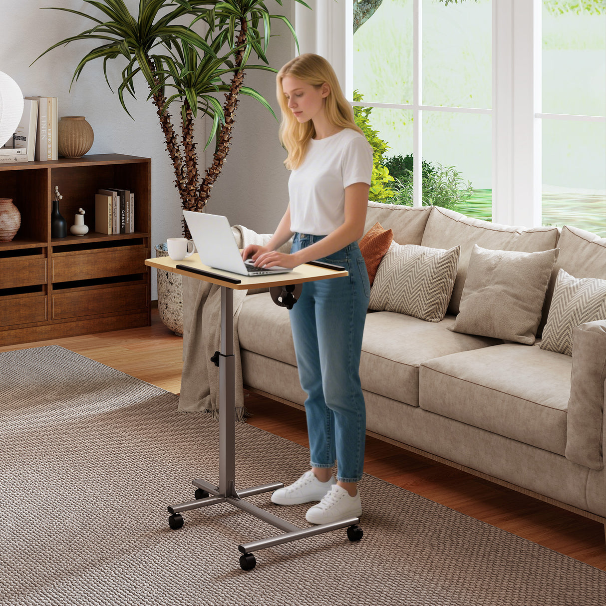 Adjustable Angle Height Rolling Laptop Table-Natural
