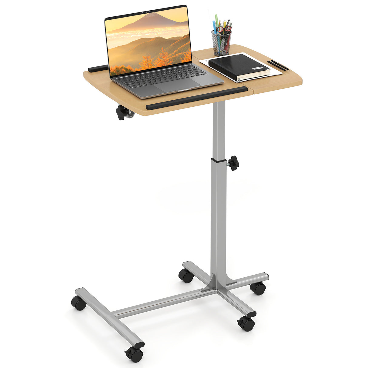 Adjustable Angle Height Rolling Laptop Table-Natural