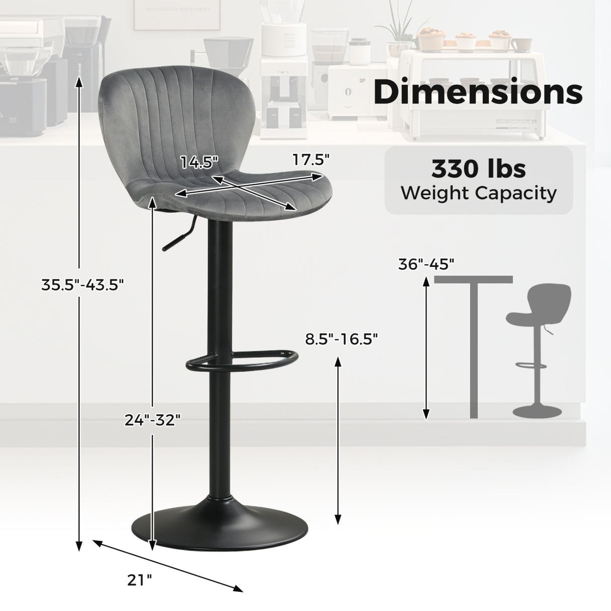 Adjustable Counter Height Chairs Set of 2 with Velvet Upholstered Backrests-Gray