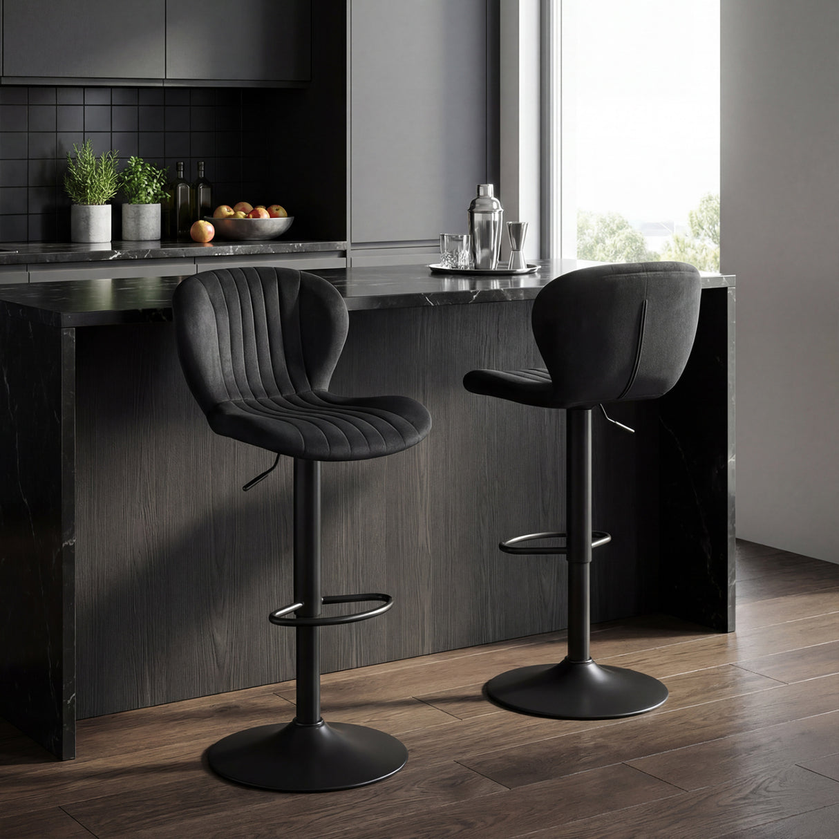 Adjustable Counter Height Chairs Set of 2 with Velvet Upholstered Backrests-Black