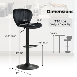 Adjustable Counter Height Chairs Set of 2 with Velvet Upholstered Backrests-Black