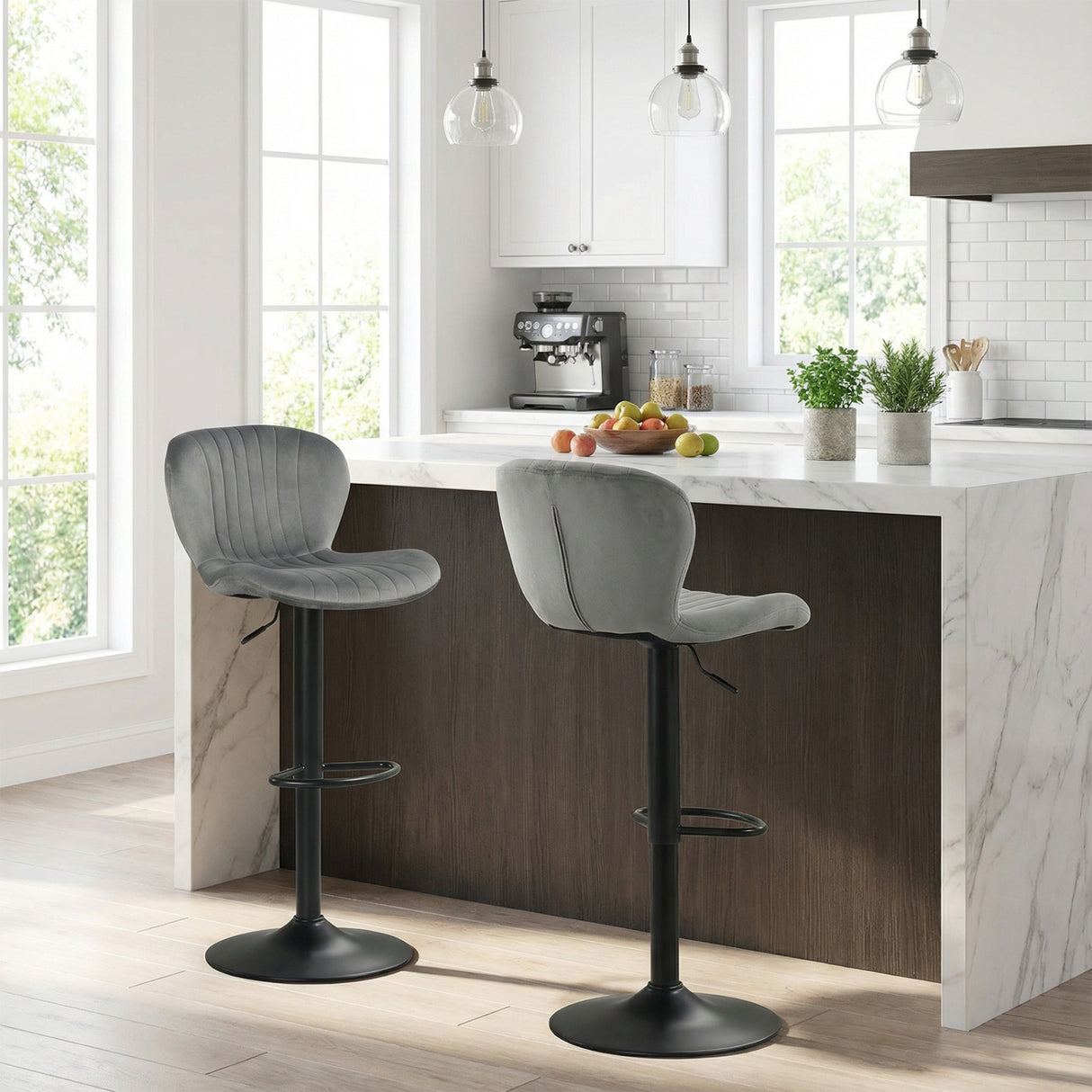 Adjustable Counter Height Chairs Set of 4 with Velvet Upholstered Backrests-Gray