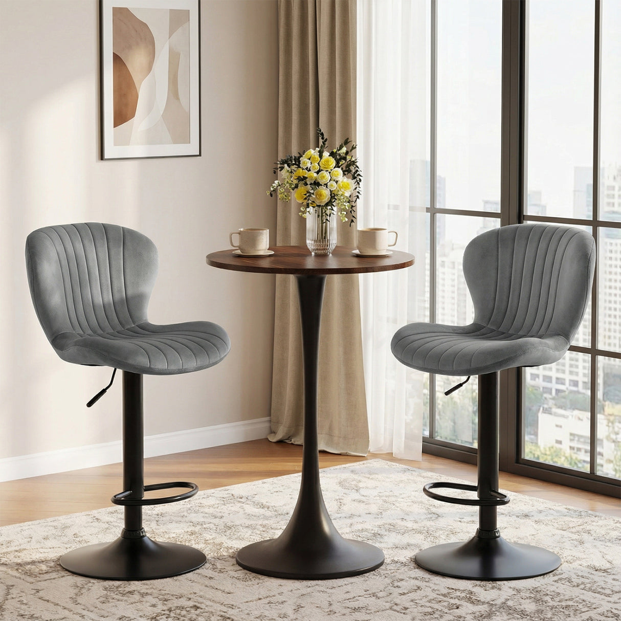 Adjustable Counter Height Chairs Set of 4 with Velvet Upholstered Backrests-Gray