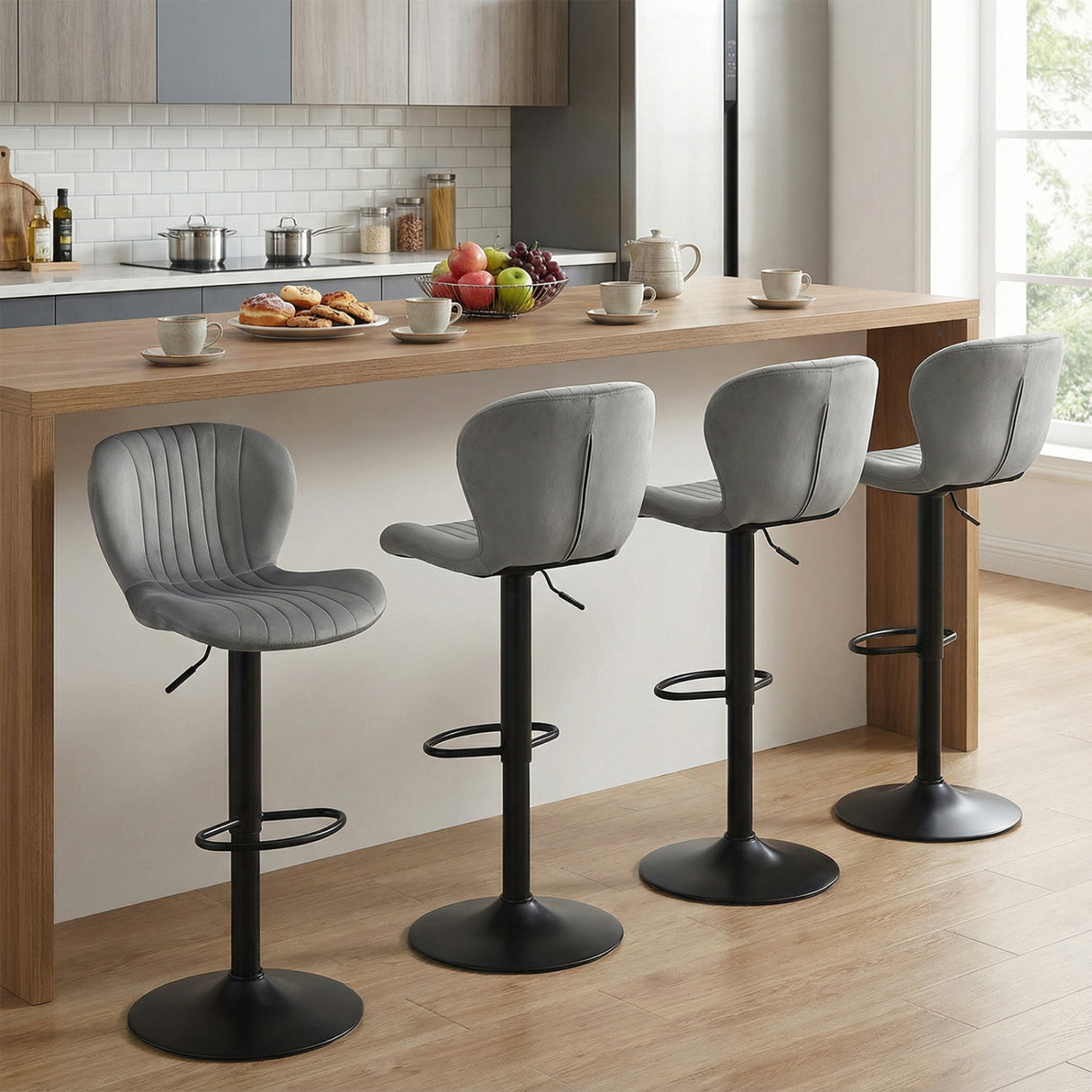 Adjustable Counter Height Chairs Set of 4 with Velvet Upholstered Backrests-Gray