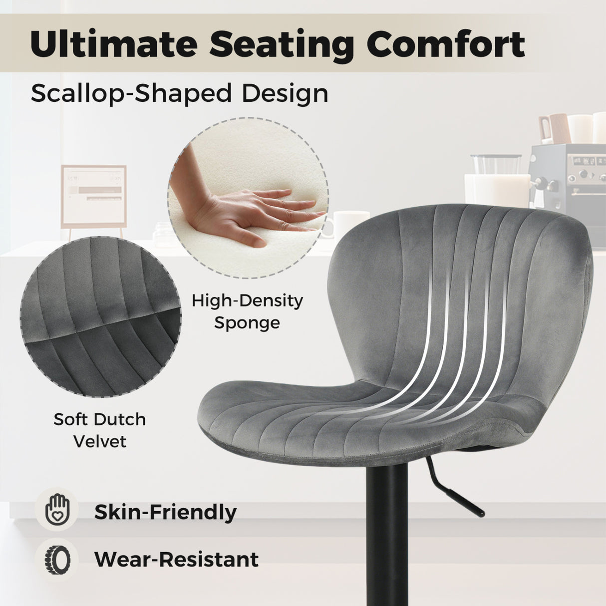 Adjustable Counter Height Chairs Set of 4 with Velvet Upholstered Backrests-Gray