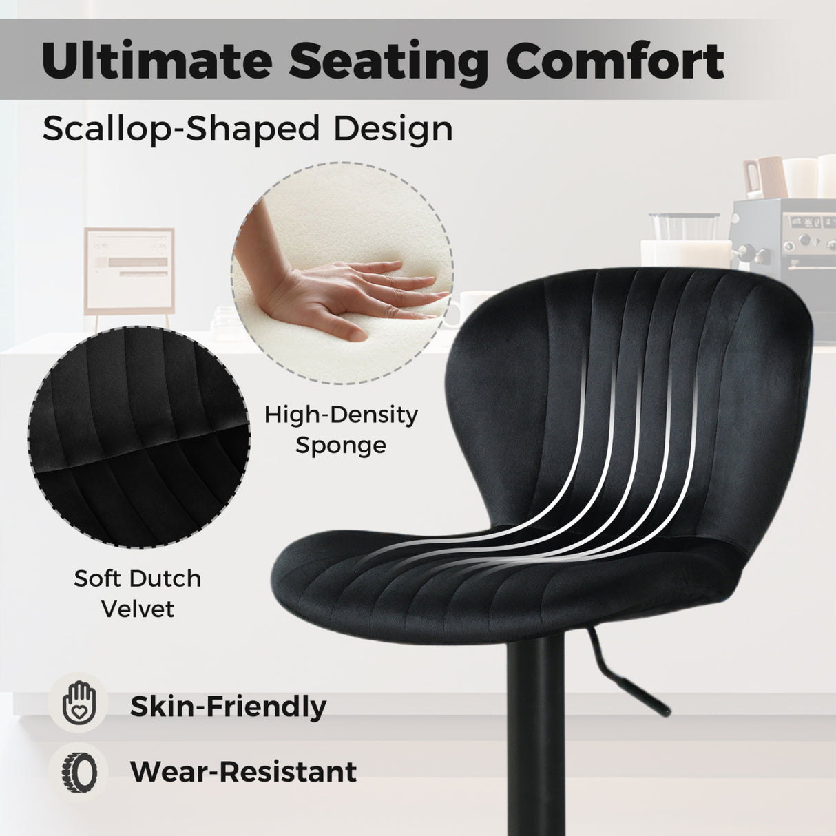 Adjustable Counter Height Chairs Set of 4 with Velvet Upholstered Backrests-Black