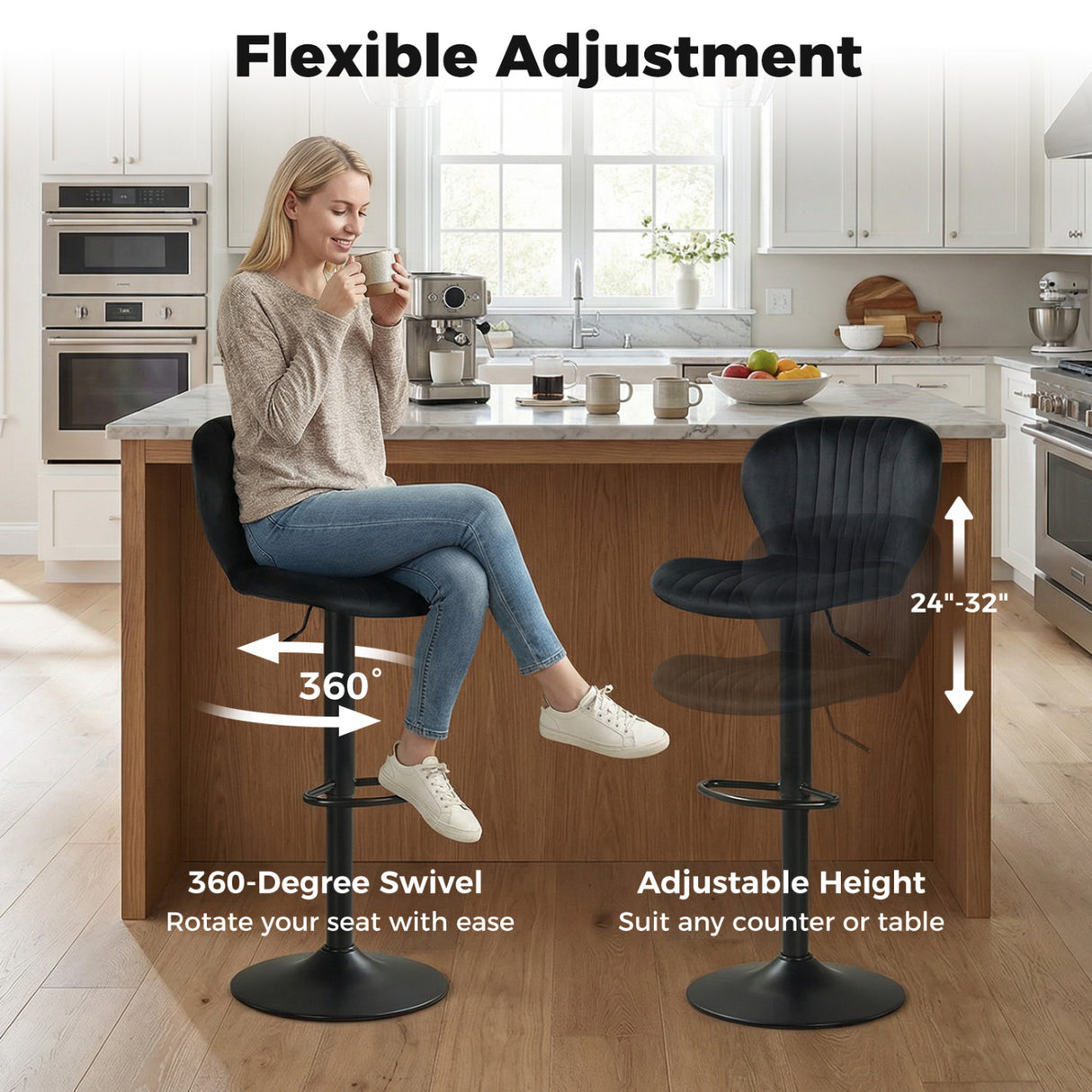 Adjustable Counter Height Chairs Set of 4 with Velvet Upholstered Backrests-Black