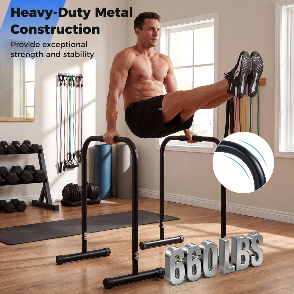 Adjustable Dip Bar Station with 660 LBS Capacity for Calisthenics and Strength Training-Black