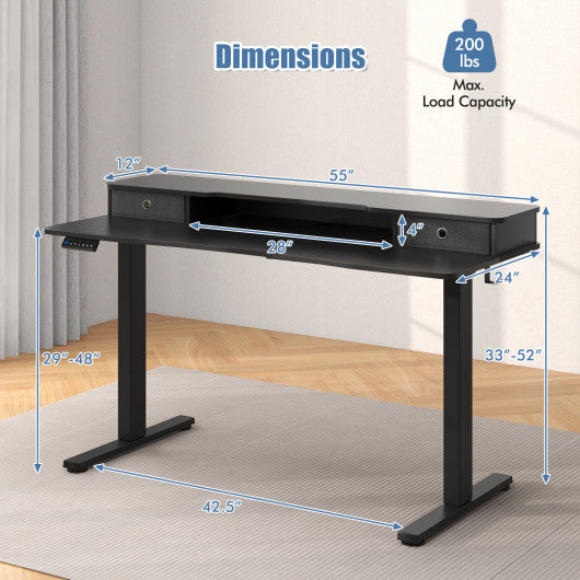 55 Inch x 24 Inch Height Adjustable Electric Standing Desk with 2 Drawers-Black