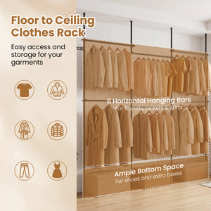 Adjustable Floor to Ceiling Clothes Rack with 6 Hanging Rods-Black