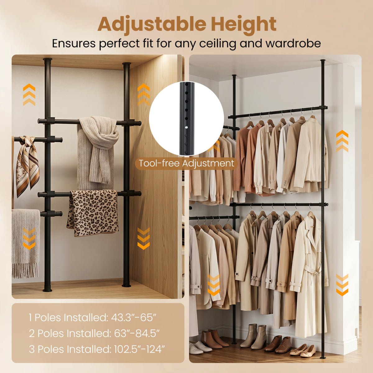 Adjustable Floor to Ceiling Clothes Rack with 6 Hanging Rods-Black