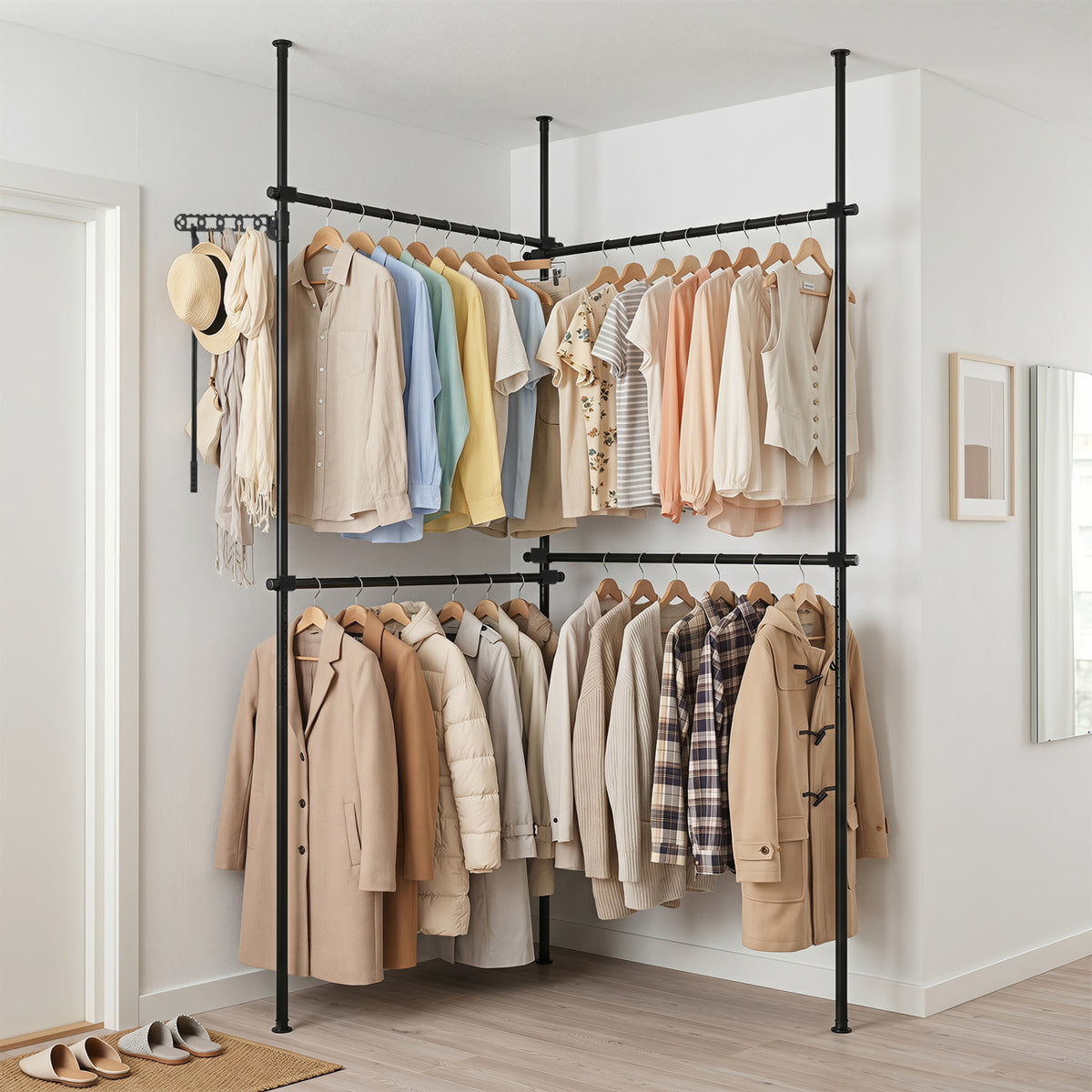 Adjustable Floor to Ceiling Clothes Rack with 4 Hanging Rods-Black
