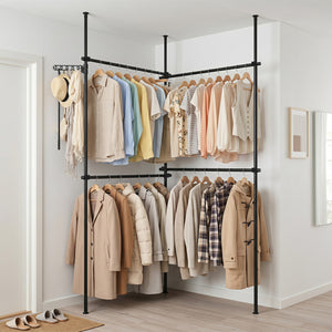 Adjustable Floor to Ceiling Clothes Rack with 4 Hanging Rods-Black