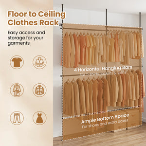 Adjustable Floor to Ceiling Clothes Rack with 4 Hanging Rods-Black
