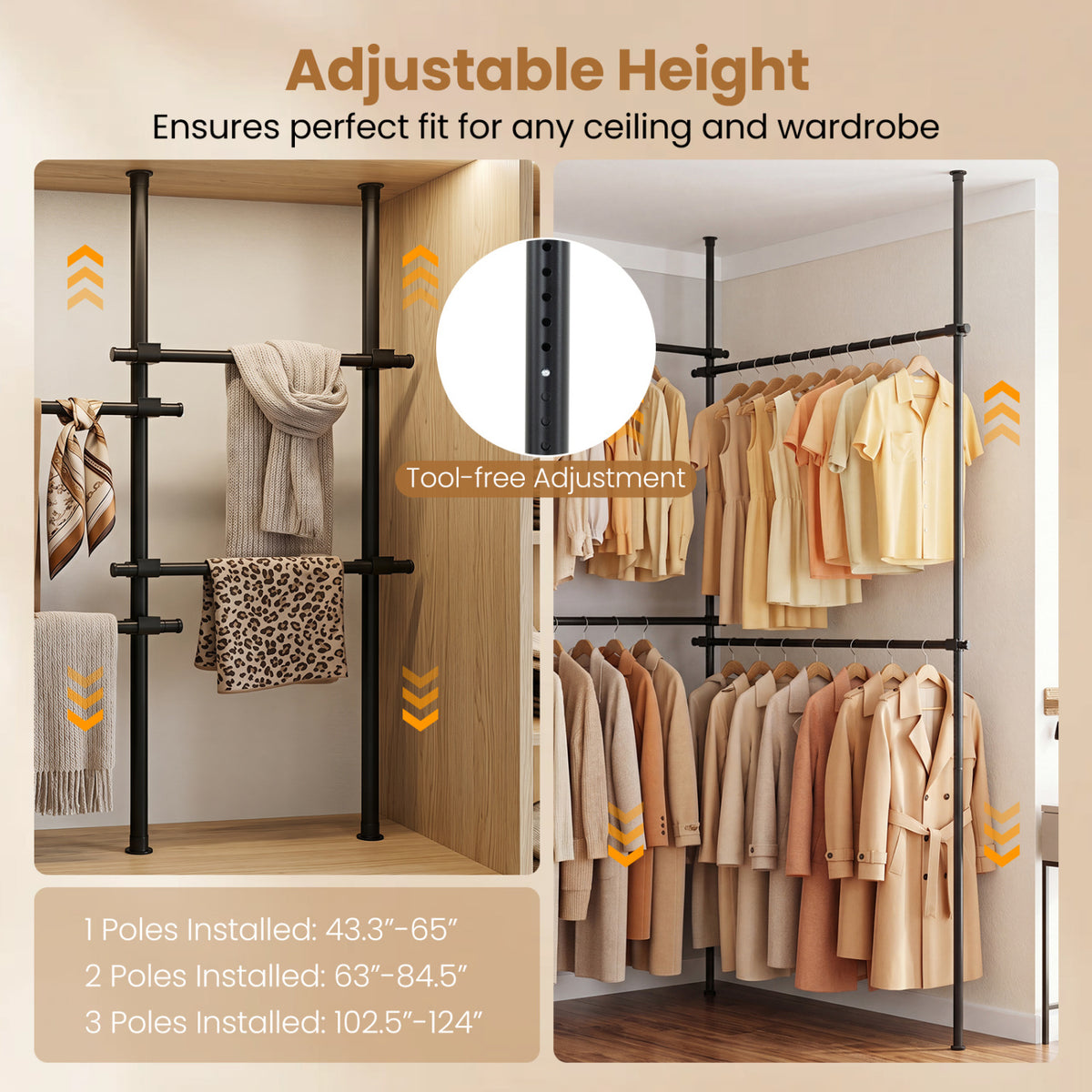 Adjustable Floor to Ceiling Clothes Rack with 4 Hanging Rods-Black