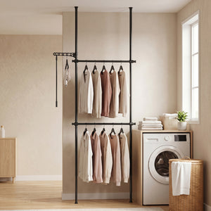 Adjustable Floor to Ceiling Clothes Rack with 2 Hanging Rods-Black