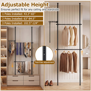 Adjustable Floor to Ceiling Clothes Rack with 2 Hanging Rods-Black