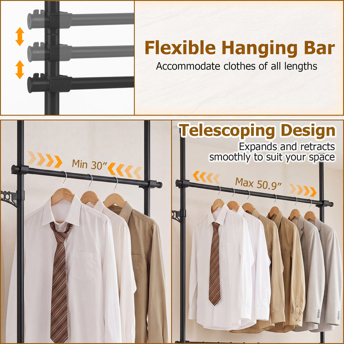 Adjustable Floor to Ceiling Clothes Rack with 2 Hanging Rods-Black