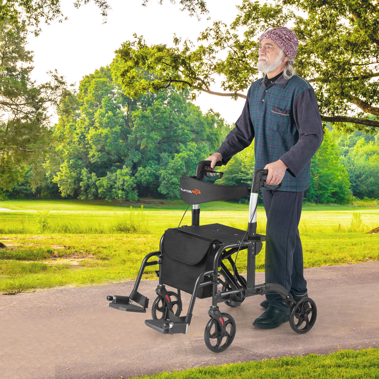 2-in-1 Adjustable Folding Handle Rollator Walker with Storage Space-Blue