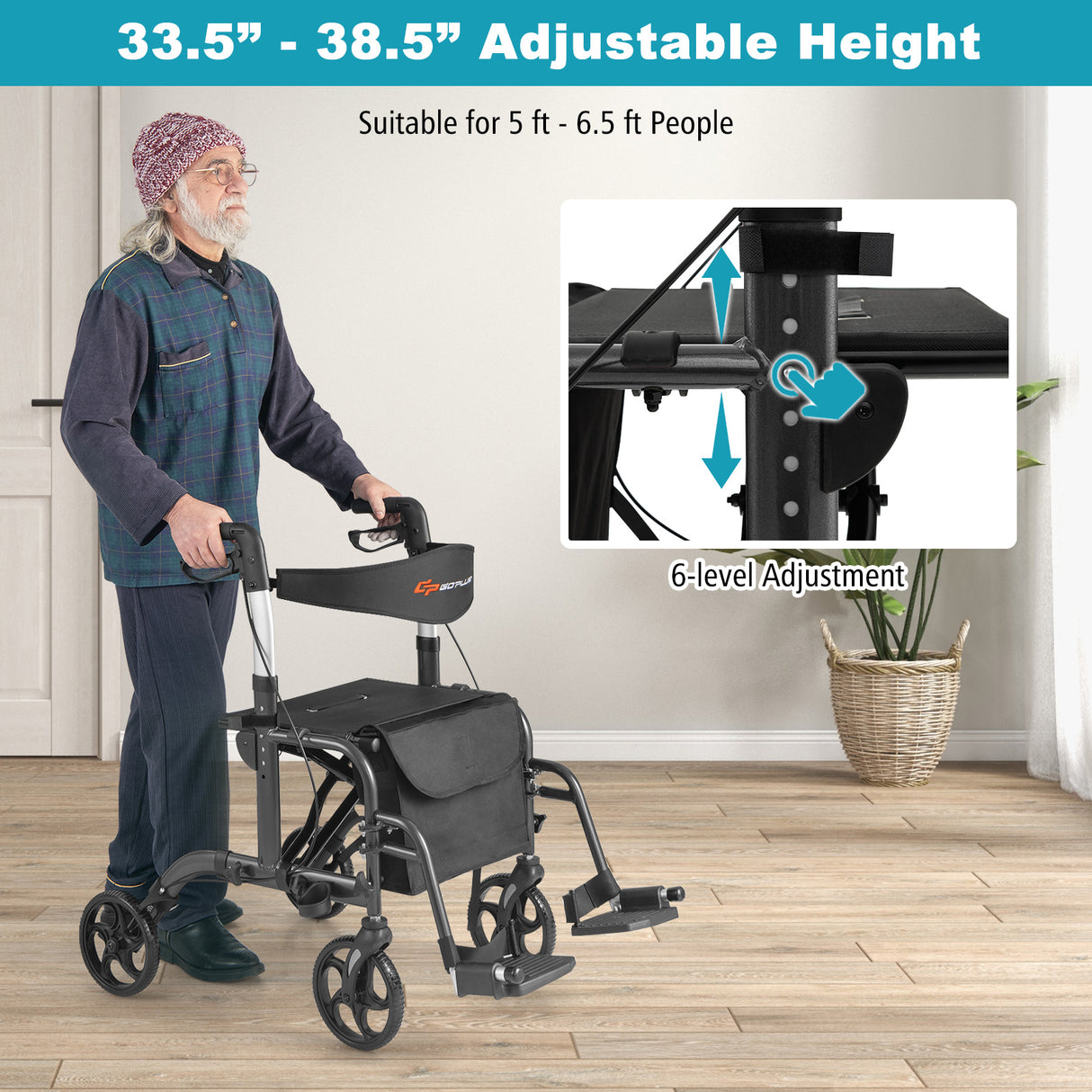 2-in-1 Adjustable Folding Handle Rollator Walker with Storage Space-Blue