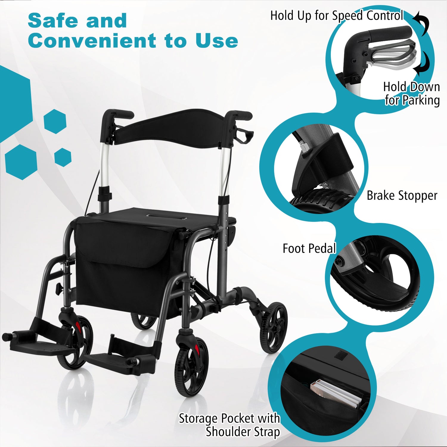 2-in-1 Adjustable Folding Handle Rollator Walker with Storage Space-Blue