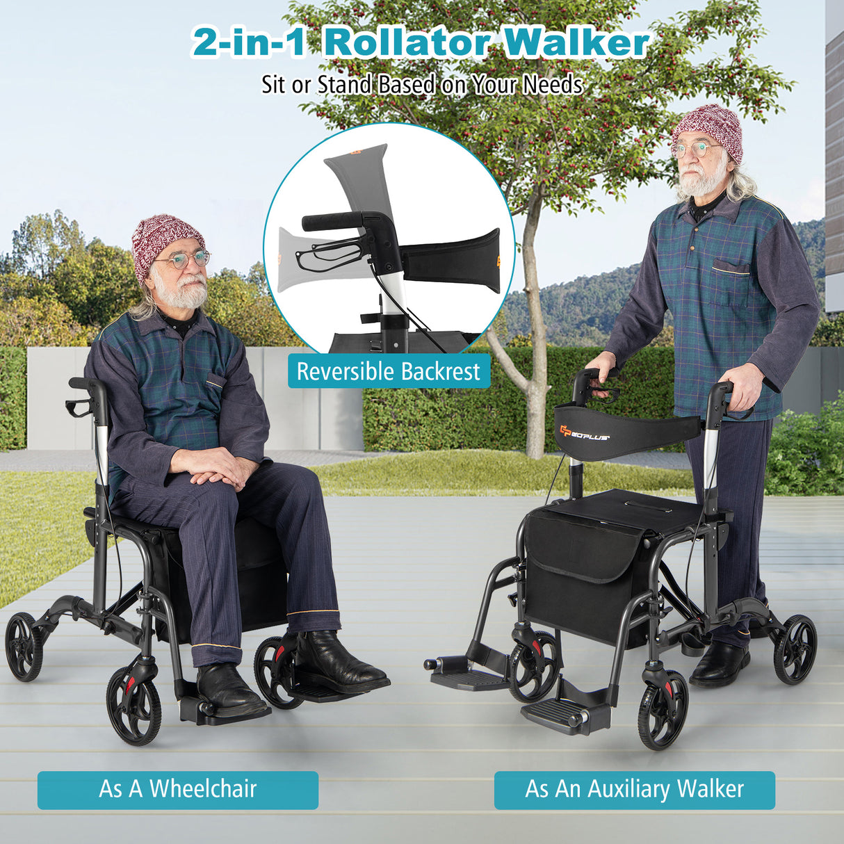 2-in-1 Adjustable Folding Handle Rollator Walker with Storage Space-Blue
