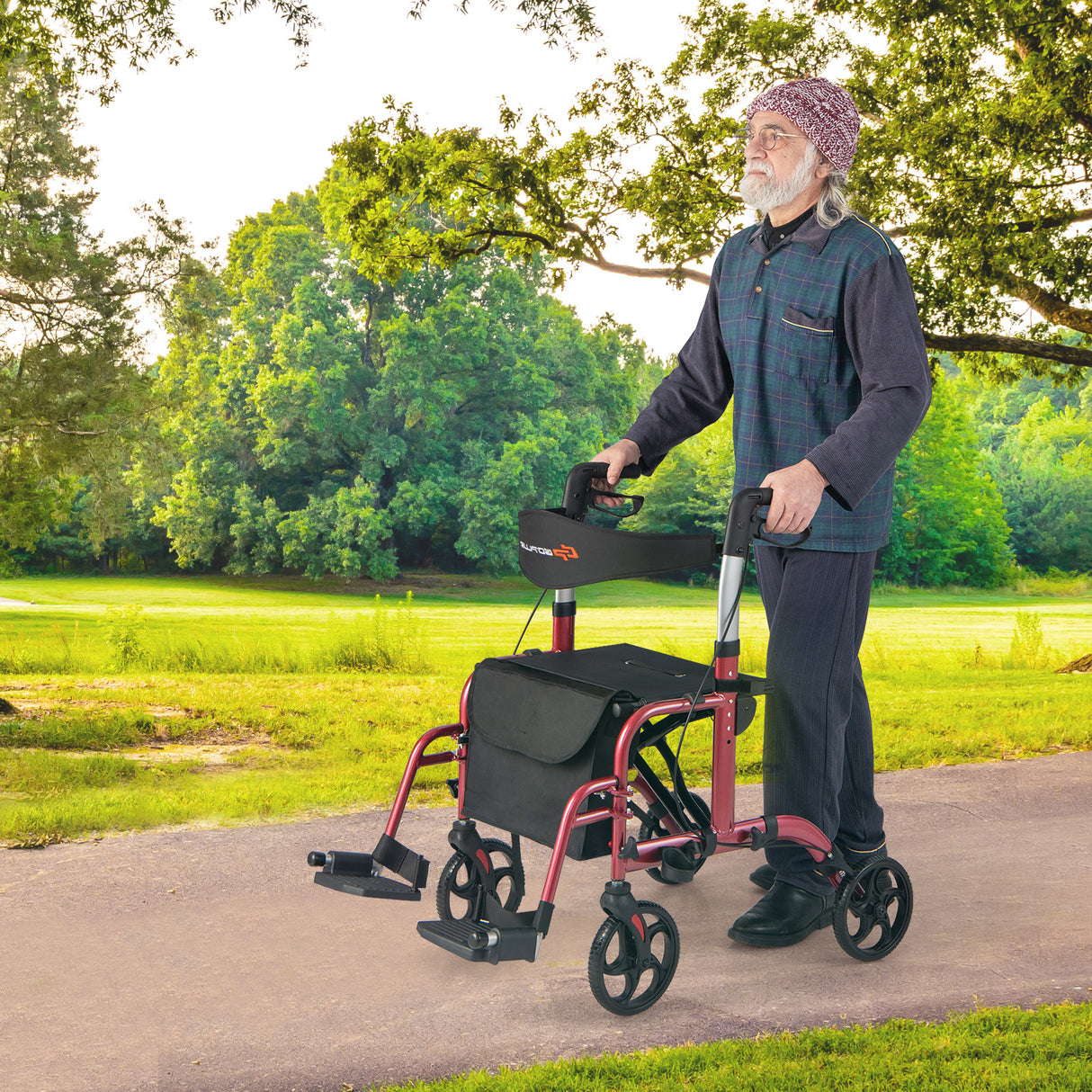 2-in-1 Adjustable Folding Handle Rollator Walker with Storage Space-Blue