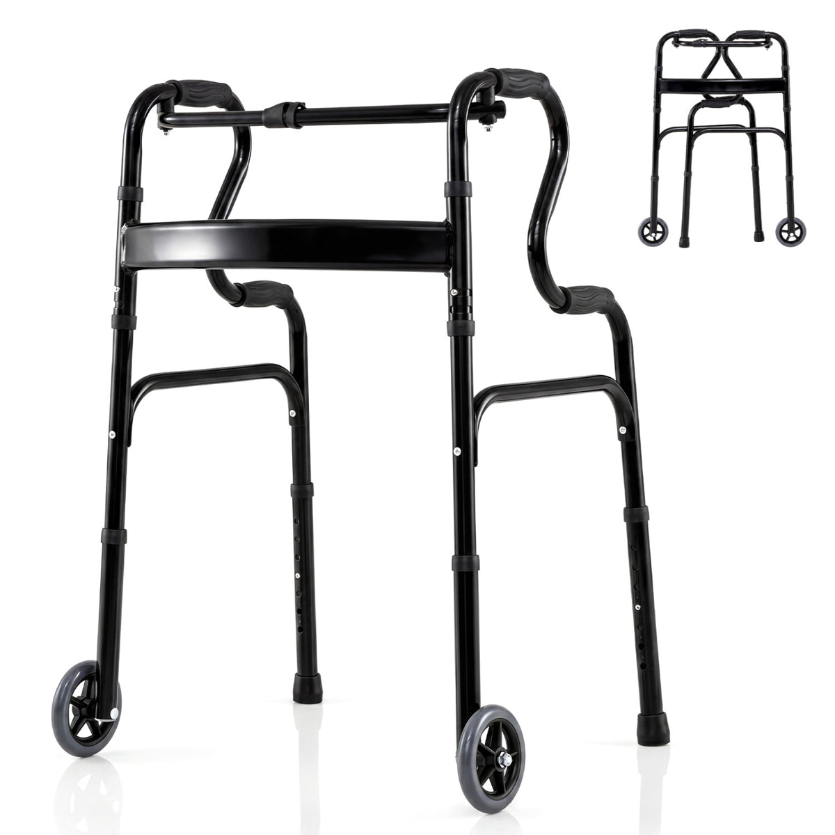 Adjustable Heavy-Duty Folding Walker with Unidirectional Wheels and Bi-Level Armrests-Black