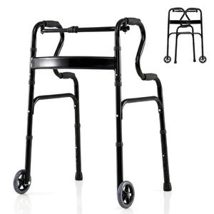 Adjustable Heavy-Duty Folding Walker with Unidirectional Wheels and Bi-Level Armrests-Black